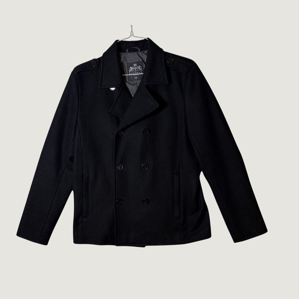 Express Mens Wool Blend Pea Coat Black Double Breasted Jacket Size Medium